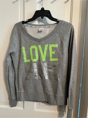PINK Victoria's Secret Grey V-Neck Sweatshirt with Neon Green LOVE